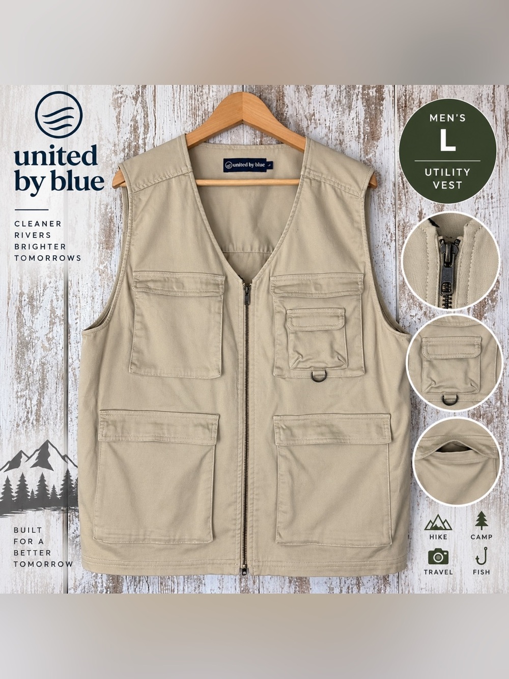 United By Blue Khaki Multi Pocket Utility Vest Men’s Size L Outdoor Fishing